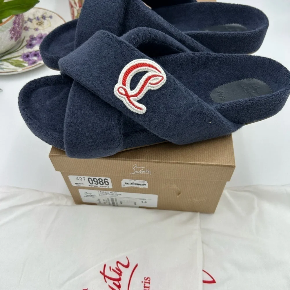 Men's Christian Louboutin BIZZU cross strap Terry cloth slide size 44 made Italy